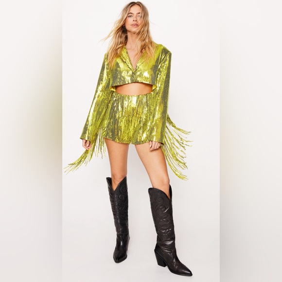 Nasty Gal Pants - Size 6-Green Sequin Fringe Romper-worn once to Era’s Tour!